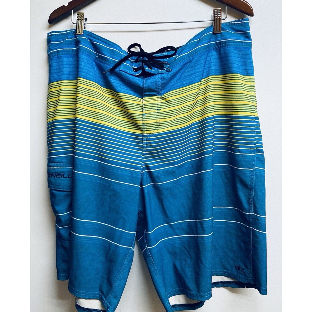 O’Neill Mens  Board Shorts Size 38 Blue Plaid Striped Swim Trunks Bathing Suit